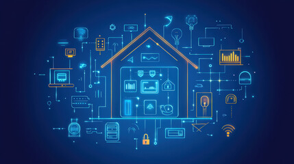 Fototapeta premium Advanced smart home technology concept with interconnected security, automation, and data-driven systems