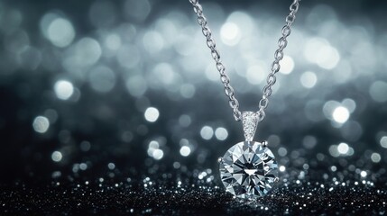Diamond pendant necklace glistens against a sparkling blurred background