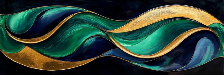 A high-gloss resin painting with bold emerald green, navy, and gold swirls flowing fluidly.
