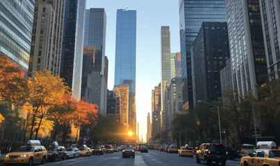 Towering skyscrapers in a bustling city captured from street level showcasing vibrant urban energy
