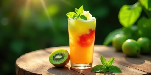Fototapeta premium Refreshing Summer Citrus and Kiwi Beverage with Mint Garnish on Wooden Table