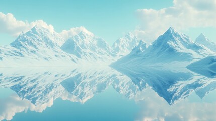 Snow covered mountains reflect perfectly on a calm body of water