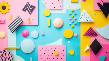 Playful arrangement of diverse geometric shapes in pastel colors