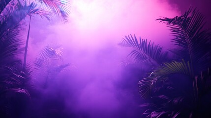 Ethereal purple fog envelops lush tropical palm trees