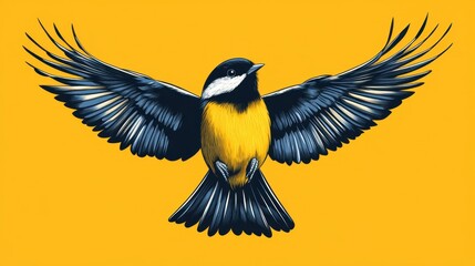 Obraz premium Striking Illustration of a Tit with Wings Spread Wide Against a Vibrant Yellow Background Depicting Freedom and Beauty