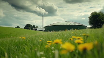 Biogas plant amidst green fields under a cloudy sky