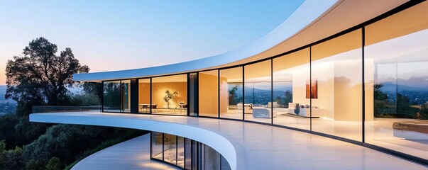 Fototapeta premium Futuristic house with glass walls and sleek outdoor terrace overlooking nature