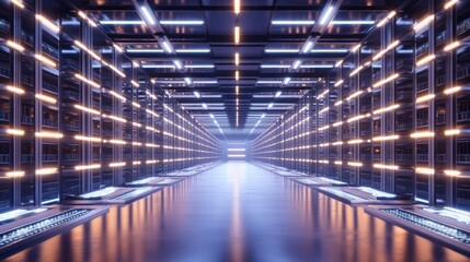 Futuristic Data Center Interior with Bright LED Lighting and Shadows
