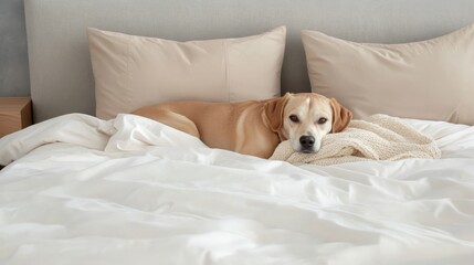 Relaxed Golden Retriever Dog Resting on a Cozy White Bed with Beige Pillows