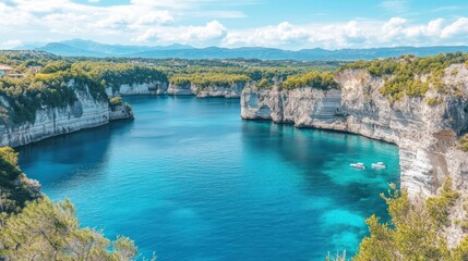 Scenic view of turquoise water and rocky cliffs landscape