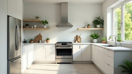 Fototapeta premium Modern minimalist kitchen design featuring stainless steel appliances and light wood shelving