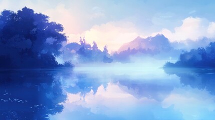 Serene lake reflects mountains and trees in tranquil landscape