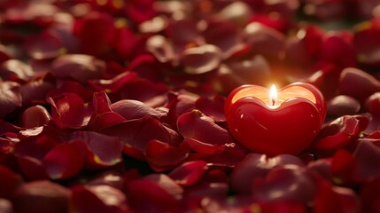 Heart-Shaped Candle Amidst Red Rose Petals