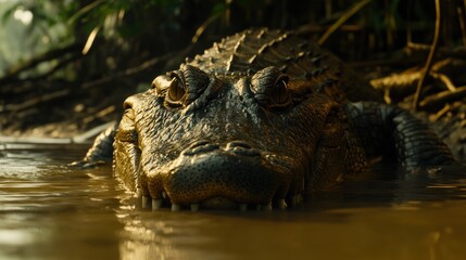 Fototapeta premium Alligator partially submerged staring intently with menacing eyes open