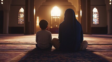 Mother and Son in Prayer: A Moment of Faith and Devotion in a Mosque
