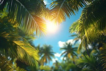Sunlight filtering through lush palm leaves in a tropical paradise, creating a serene atmosphere