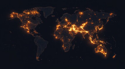 World map illuminated by city lights at night perspective