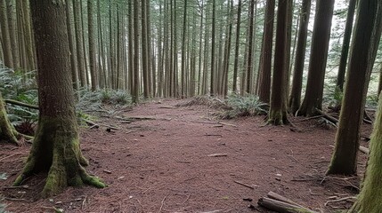 Obraz premium Forest floor covered in pine needles surrounded by tall trees