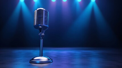 Retro Microphone on Stage with Blue Spotlights Ready for Performance or Recording