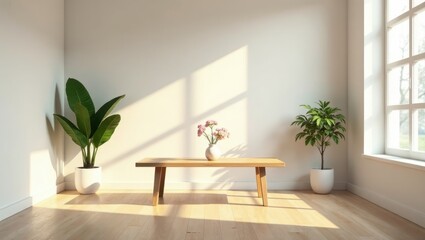 Fototapeta premium Minimalist Interior Design Featuring Wooden Coffee Table and Potted Plants in Sunlight