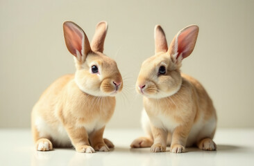 Fototapeta premium Two rabbits on light background, close up, portrait. Easter bunny