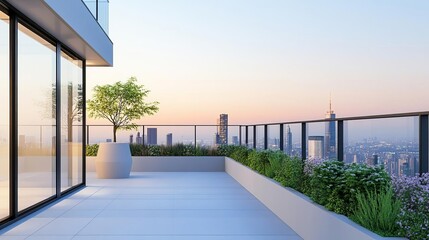 Luxury rooftop garden with sleek glass railings and panoramic city view