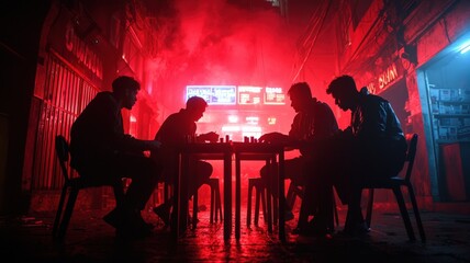 A backroom gambling den hidden behind a rundown convenience store, men placing desperate bets under dim, flickering lights