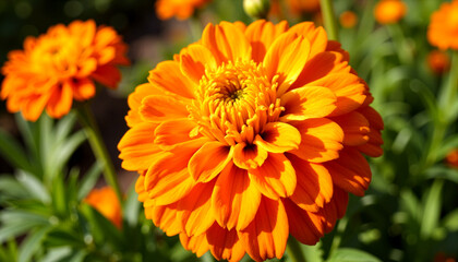 Fototapeta premium Screensaver. Stunning close-up of orange marigolds in vibrant garden at golden hour, beauty