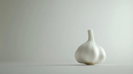 Minimalist still life of single garlic bulb on neutral background