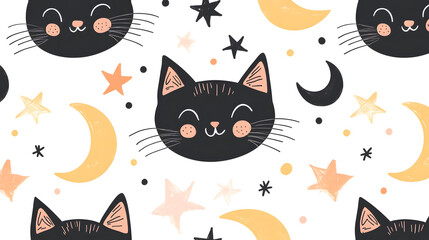 Cute Black Cats, Stars, and Moons on White Background, Playful Design