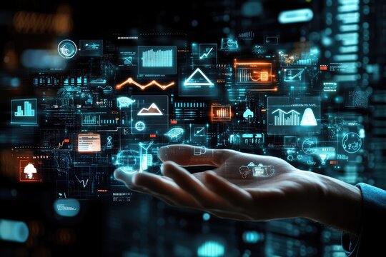 Hand holding digital data, analytics dashboard, futuristic background, tech presentation