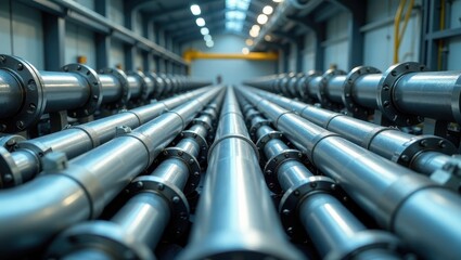 A network of industrial pipelines converging towards a distant light source in a modern facility