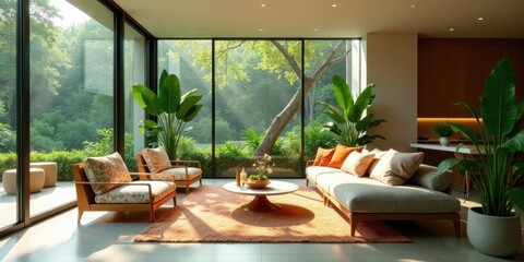 Fototapeta premium Sun-drenched living room with expansive windows showcasing a lush green landscape, featuring comfortable seating arrangements and stylish decor, creating a tranquil and serene atmosphere