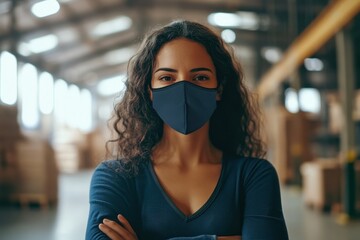 Dynamic Young Hispanic Woman in Protective Face Mask, Embracing Hygiene in a Modern Warehouse Environment Post-Pandemic