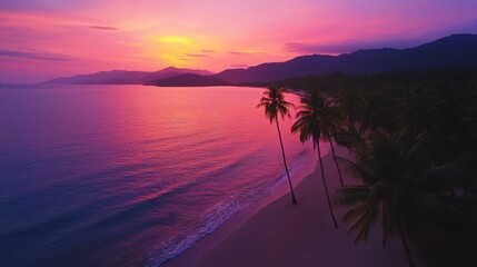 Aerial shot of tropical coastline featuring palm trees and sandy beach illuminated by a vibrant sunset over calm ocean waters