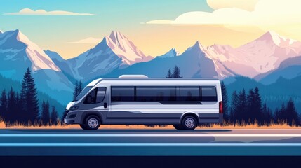 Dynamic Passenger Van in Motion Against Majestic Mountain Backdrop