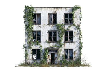 Abandoned building covered in vines, showcasing decay and neglect. structure features broken windows and weathered facade, evoking sense of mystery and history