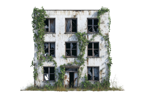 Abandoned building covered in vines, showcasing decay and neglect. structure features broken windows and weathered facade, evoking sense of mystery and history