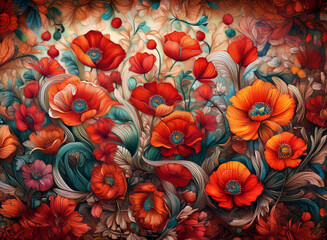 Vivid red and orange poppy flowers are blooming with decorative leaves against an ornamental background, creating a vibrant floral scene.