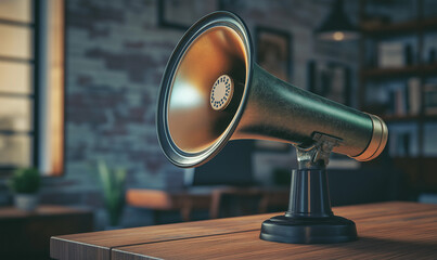 Vintage Silver Megaphone Placed on Wooden Desk for a Retro, Classic Aesthetic
