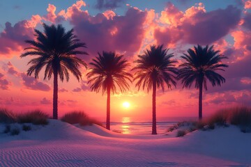 Sunset over a tranquil beach with palm trees silhouetted against vibrant pink and orange clouds
