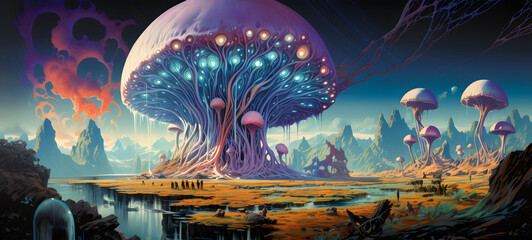 an extremely detailed study of a diamond chrome mushroom monster standing in a psychedelic landscape