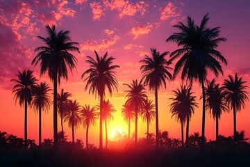 Sunset over palm trees silhouetted against a vibrant sky, creating a serene tropical atmosphere