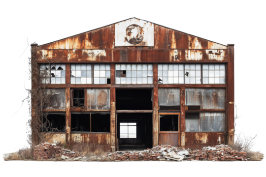 weathered industrial building with rusted metal and broken windows, surrounded by debris and overgrown vegetation, showcasing sense of decay and abandonment