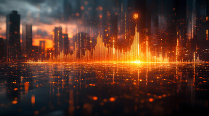 Fototapeta premium Dramatic Golden BNB Graph Rising Over Futuristic Financial District