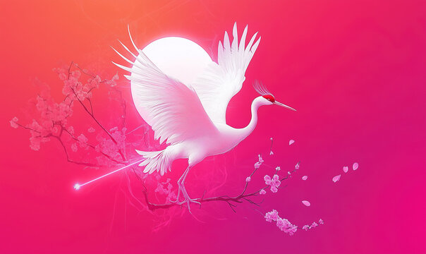 Japanese Crane Carrying Sakura Wand on a Gradiated Background for a Symbolic Scene