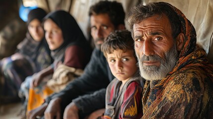 Obraz premium Afghan Family Seeking Refuge Portrait Showing Determination