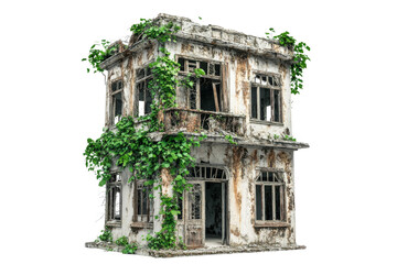 Obraz premium abandoned building covered in vines, showcasing decay and nature reclaiming. structure has peeling paint and broken windows, evoking sense of nostalgia and mystery