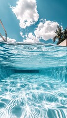 Obraz premium Vibrant swimming pool scene with clear blue water, bright clouds, and half underwater view