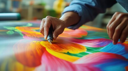 Obraz premium Hand carefully adds detail to a vibrant floral design